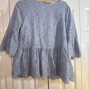 Ces Femme Blue‎ Eyelet Embroidered Ruffled Top Women's Size Medium